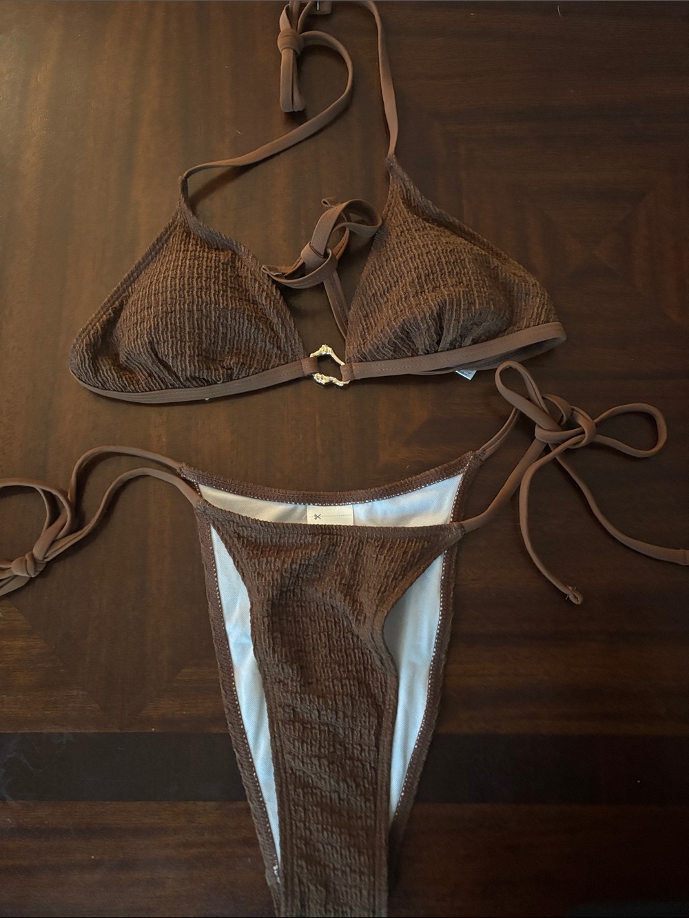 Brown Textured Tie-Side Triangle Bikini Top & Bottom Set